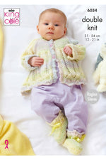 King Cole 6034 Overtop, Cardigan, Matinee Jacket and Bootees in Cutie Pie DK Baby Knitting Pattern