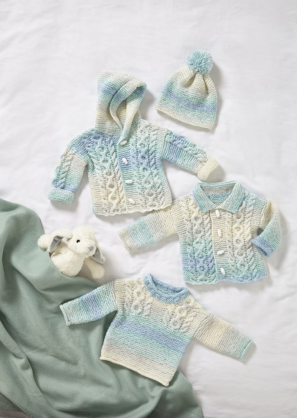 King Cole 6033 Jacket, Sweater, Cardigan and Hat in Cutie Pie DK Baby Knitting Pattern