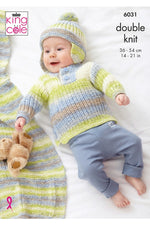 King Cole 6031 Jacket, Gilet, Sweater, Hat and Blanket in Cutie Pie DK Baby Knitting Pattern