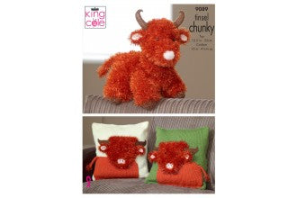 9089 King Cole Highland Cow and Cushion Covers in Tinsel Chunky and Dollymix DK Knitting Pattern