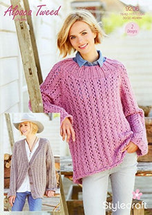 9206 Stylecraft Alpaca Ladies Tweed Chunky Eyelet Sweater  & Cardigan Knitting Pattern