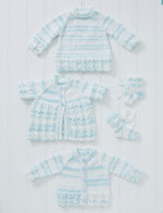 5702 King Cole Matinee Coat, Cardigan, Sweater and Bootees in Baby Stripe DK Knitting Pattern