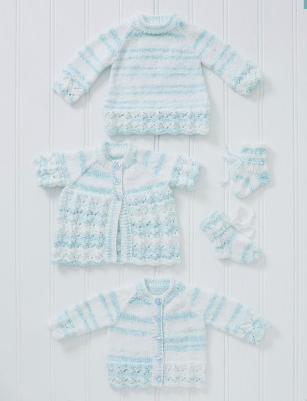 5702 King Cole Matinee Coat, Cardigan, Sweater and Bootees in Baby Stripe DK Knitting Pattern