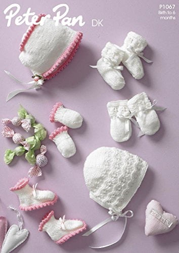 P1067 Peter Pan Double Knitting Baby Bootie/Bonnett/Mittens Knitting Pattern