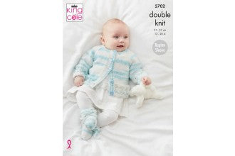 5702 King Cole Matinee Coat, Cardigan, Sweater and Bootees in Baby Stripe DK Knitting Pattern