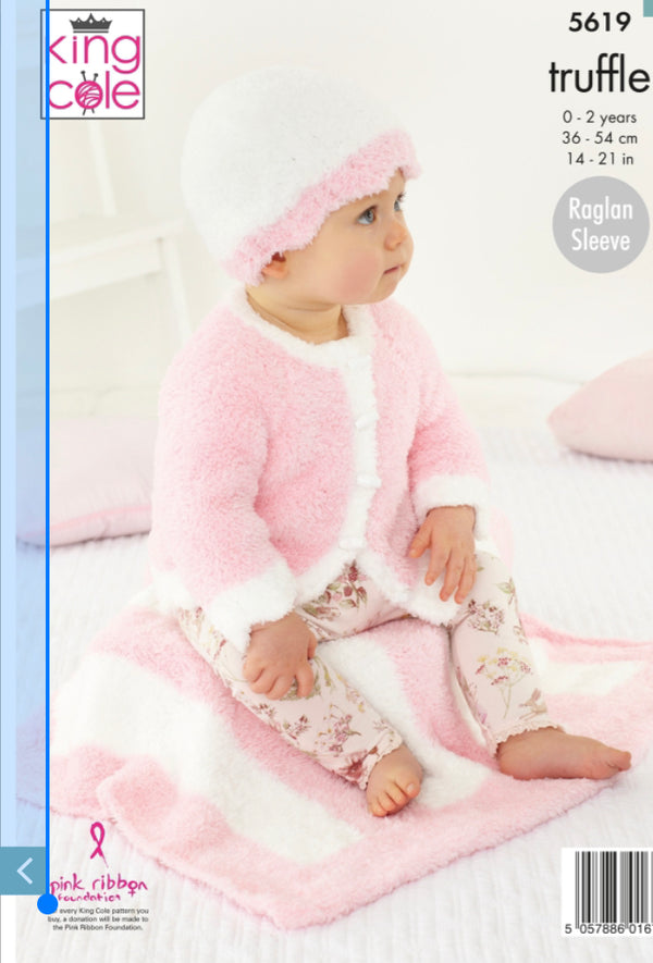 5619 King Cole Pram Blanket, Cardigan, Hooded Top, Hat & Socks: Knitted in Truffle Double Knitting Pattern