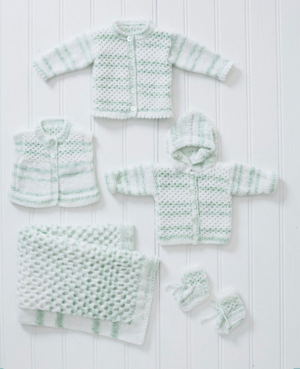 5699 King Cole Cardigan, Waistcoat, Hoody, Blanket and Bootees in Baby Stripe DK Knitting Pattern