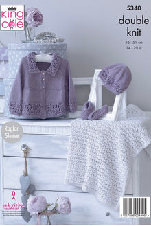 5340 king Cole Baby Finesse Cotton Matinee Jacket, Hat, Shoes & Blanket Double Knitting Pattern