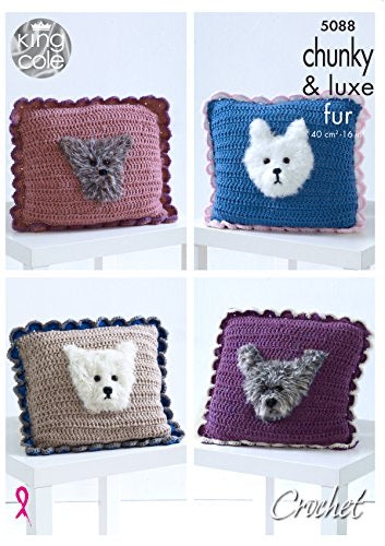 5088 King Cole Crochet Cushions with Dog Motif in Big Value Chunky & Luxe Fur Crochet Pattern